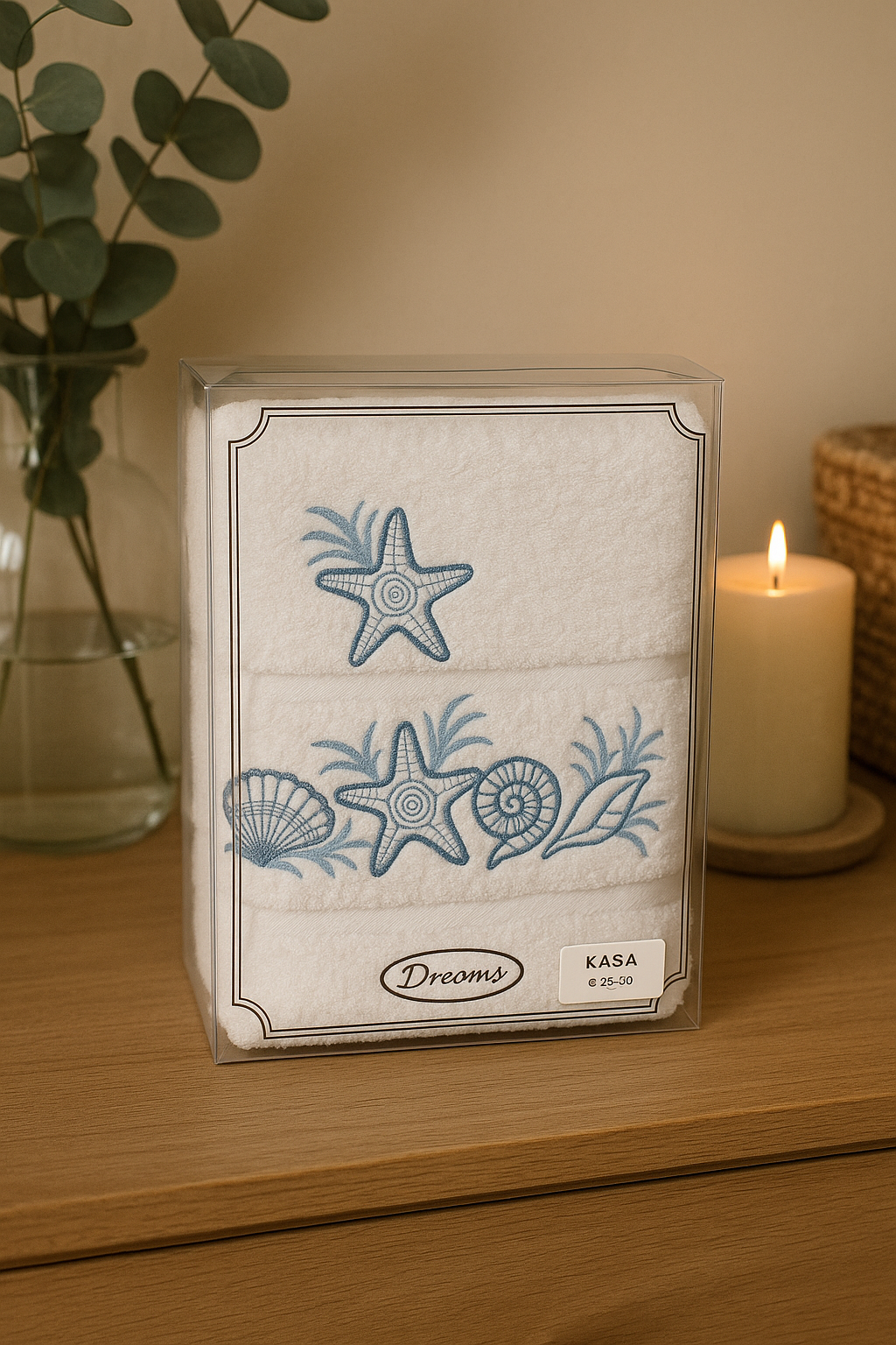 ASCIUGAMANO 1+1 CON STELLE MARINE E CONCHIGLIE BLU