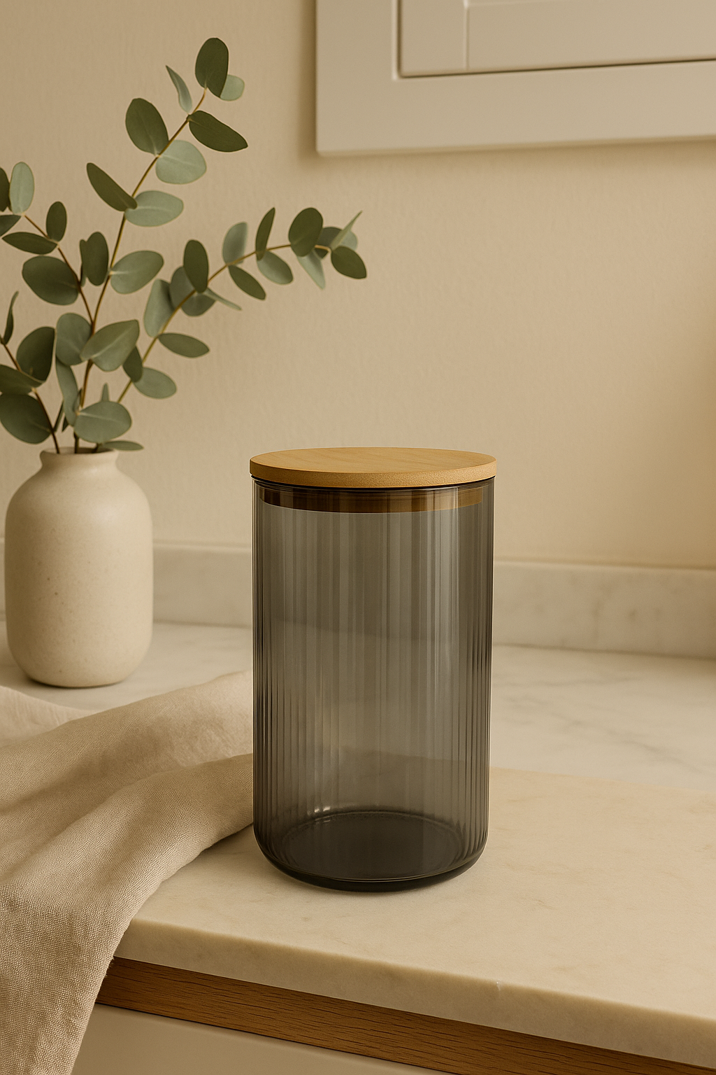 BARATTOLO IN VETRO NERO CON COPERCHIO IN BAMBOO