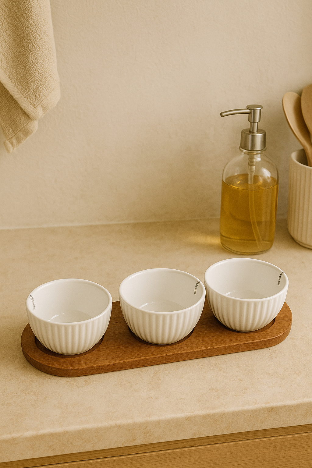 SET 3 CIOTOLINE IN CERAMICA BIANCA CON VASSOIO IN BAMBOO