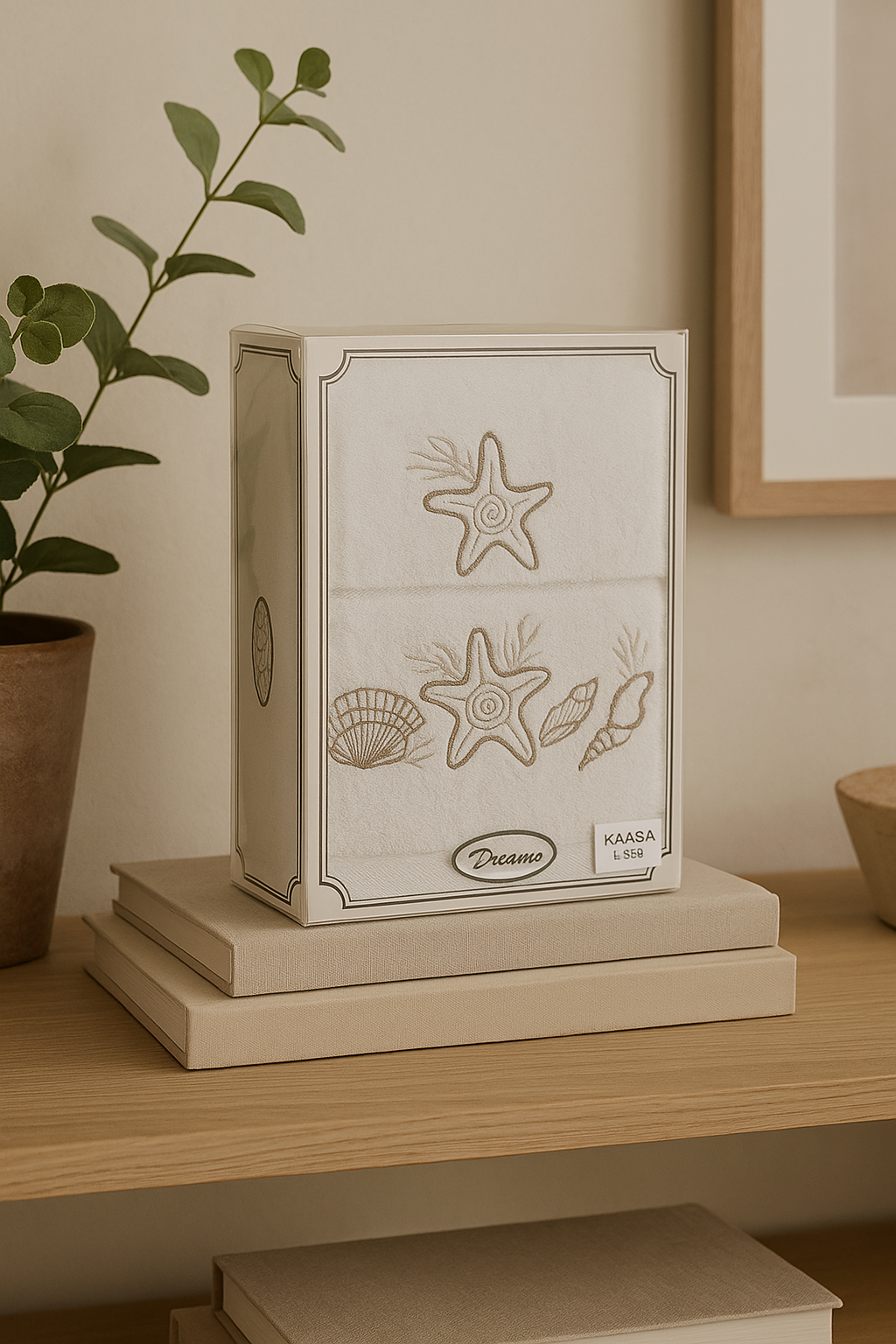 ASCIUGAMANO 1+1  CON STELLE MARINE E CONCHIGLIE BEIGE