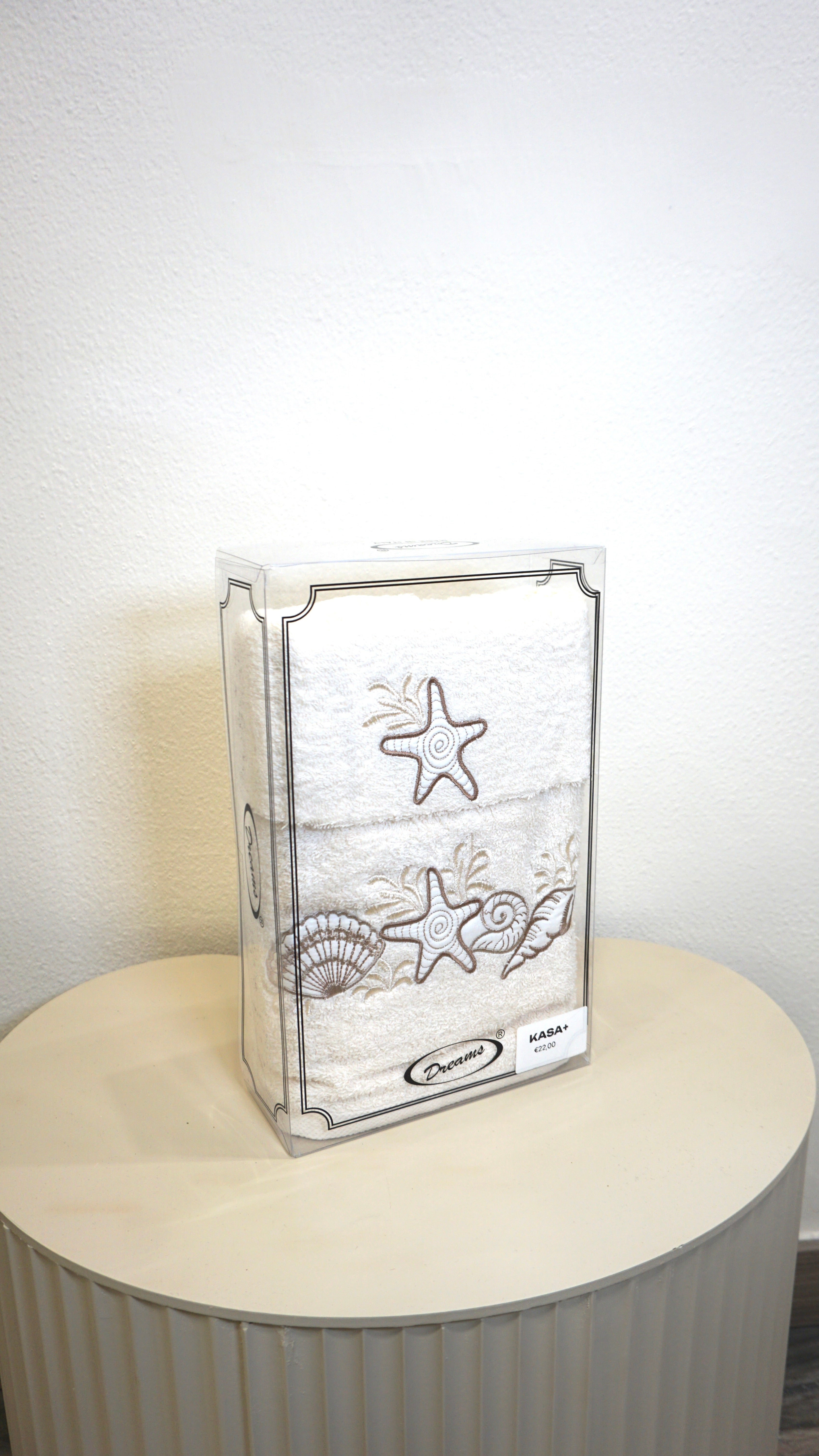ASCIUGAMANO 1+1  CON STELLE MARINE E CONCHIGLIE BEIGE