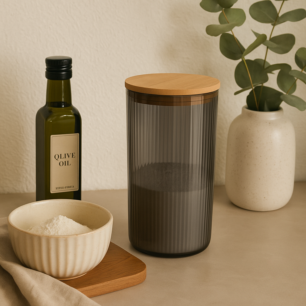 BARATTOLO IN VETRO NERO CON COPERCHIO IN BAMBOO