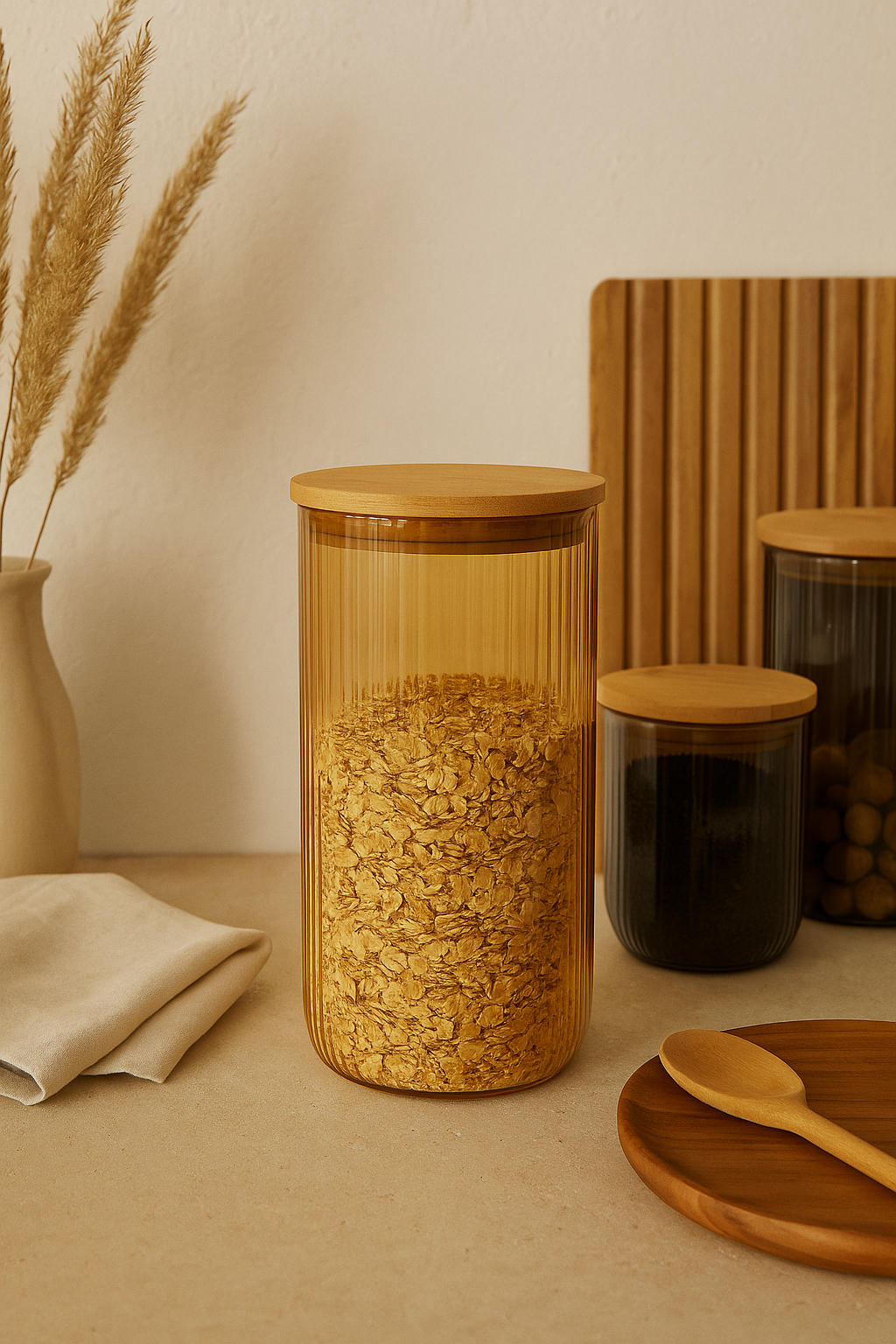 BARATTOLO IN VETRO ORO CON COPERCHIO IN BAMBOO