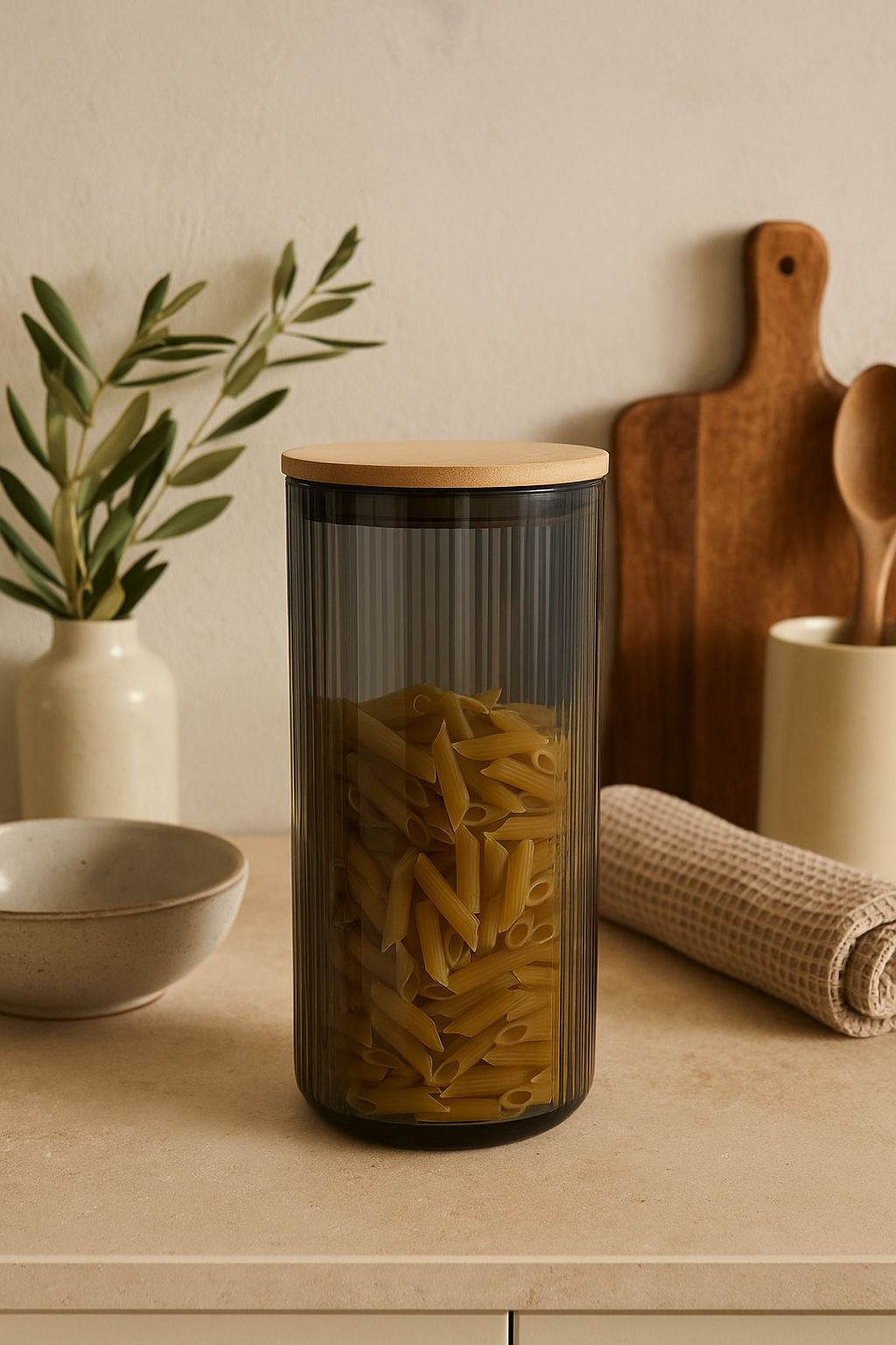 BARATTOLO IN VETRO NERO CON COPERCHIO IN BAMBOO