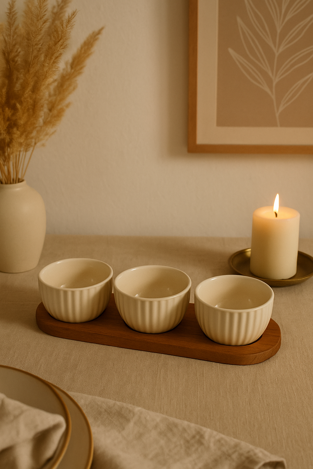 SET 3 CIOTOLINE IN CERAMICA CREMA CON VASSOIO IN BAMBOO