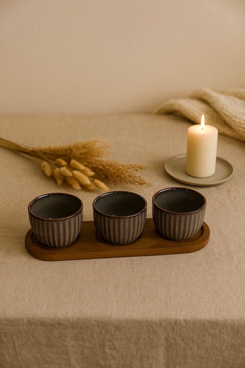 SET 3 CIOTOLINE IN CERAMICA GRIGIA CON VASSOIO IN BAMBOO