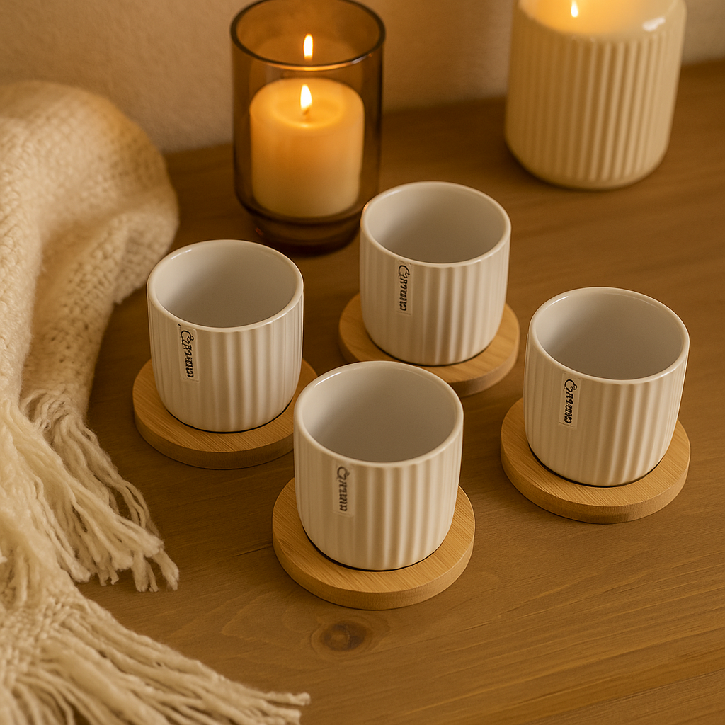 SET 4 TAZZINE BIANCHE IN CERAMICA CON PIATTINO IN BAMBOO