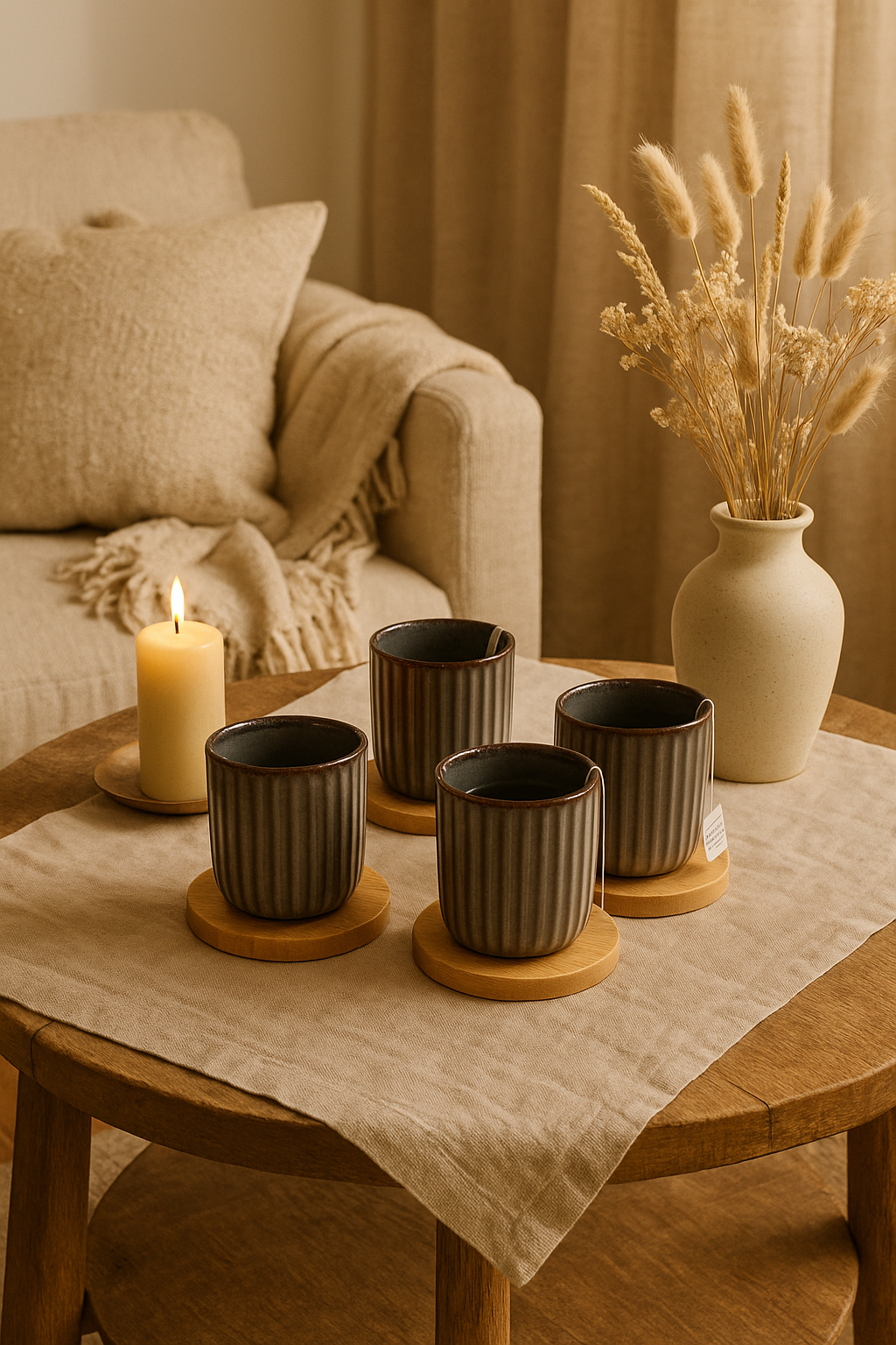 SET 4 TAZZINE GRIGIE  IN CERAMICA CON PIATTINO IN BAMBOO