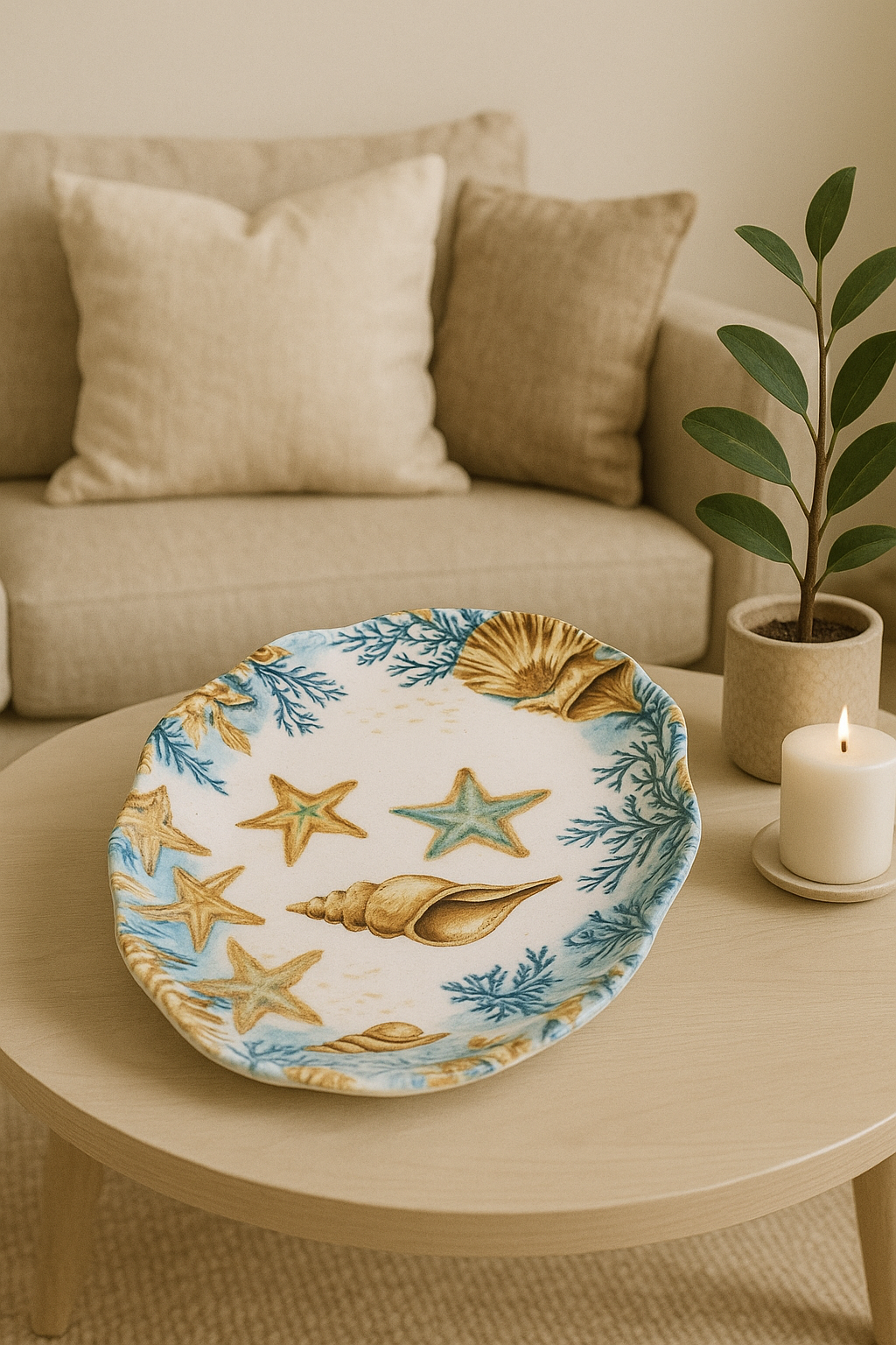 VASSOIO OVALE IN CERAMICA CON CORALLI E STELLE MARINE