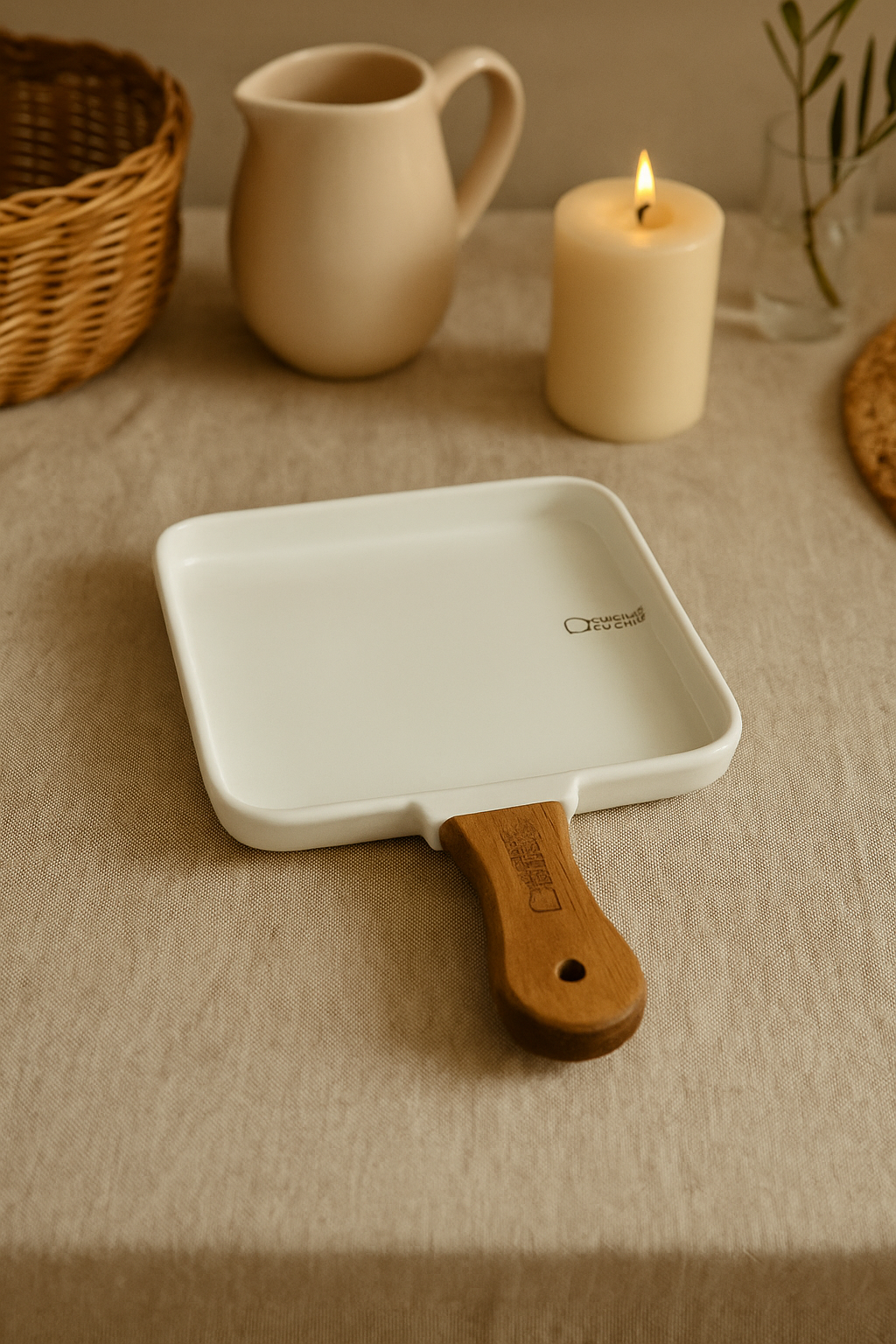 VASSOIO QUADRATO IN CERAMICA  CON MANICO IN LEGNO