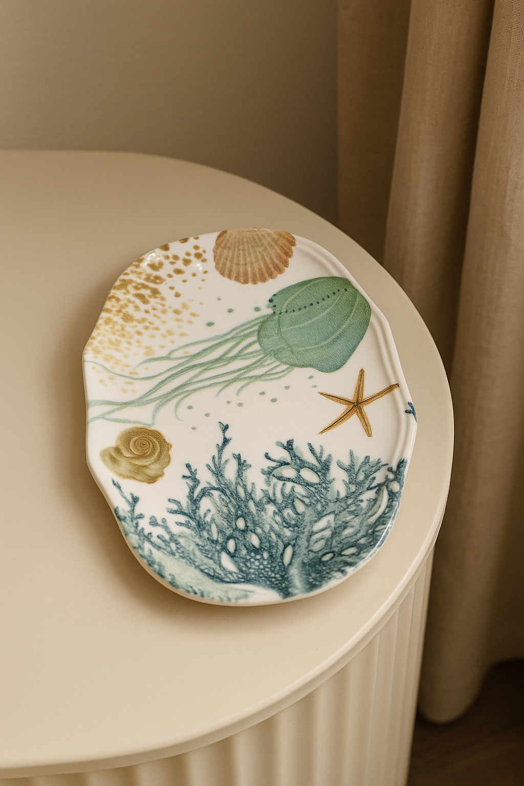 VASSOIO OVALE IN CERAMICA CON CORALLI E STELLE MARINE
